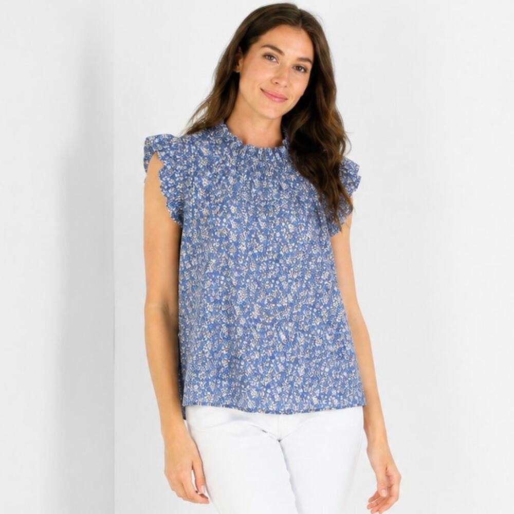 Duffield Lane XL Top Blue Floral Cotton Ruffle Neck Flutter Sleeve Coastal